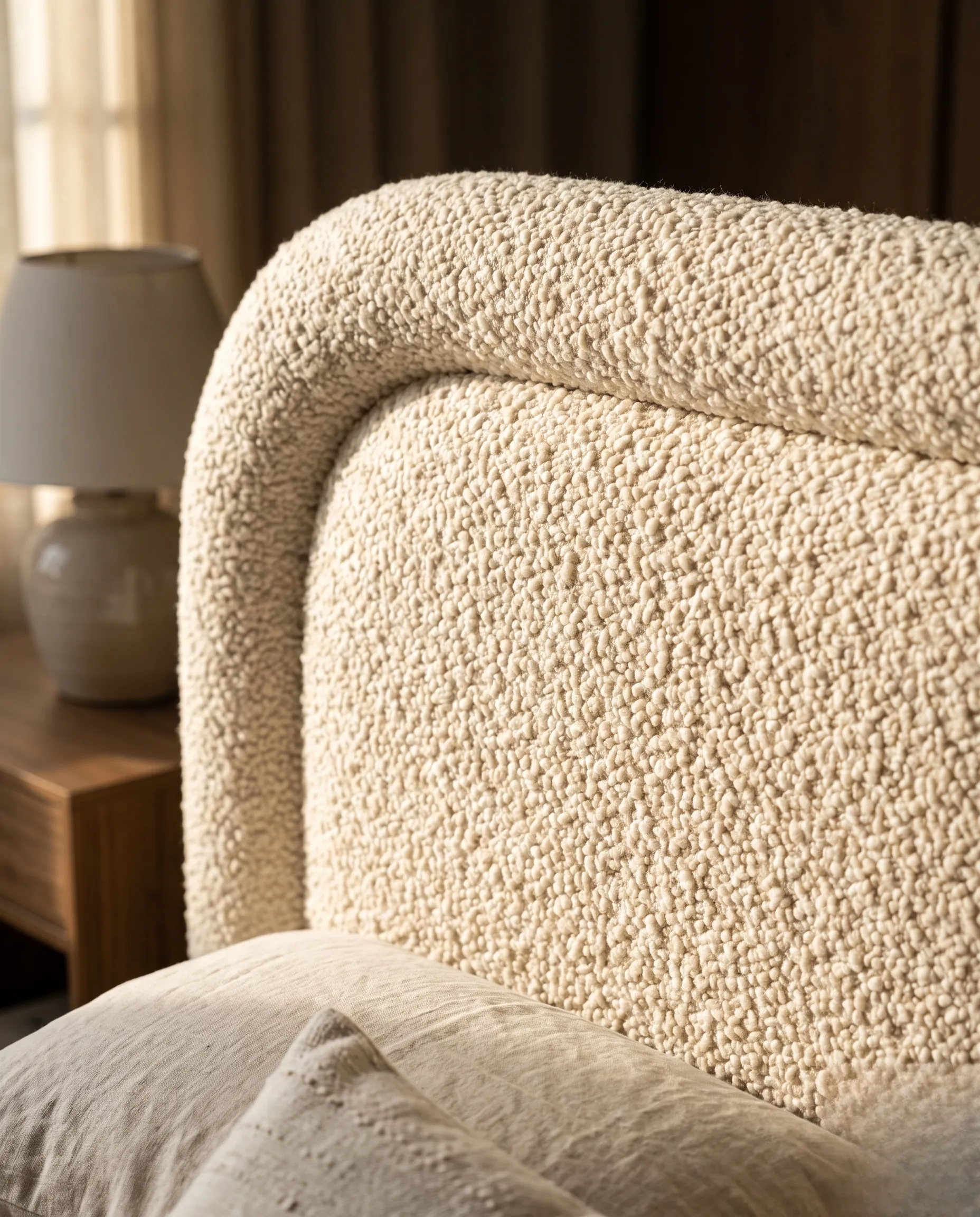 Détail en gros plan d'un tissu bouclette texturé sur une tête de lit aux courbes douces.