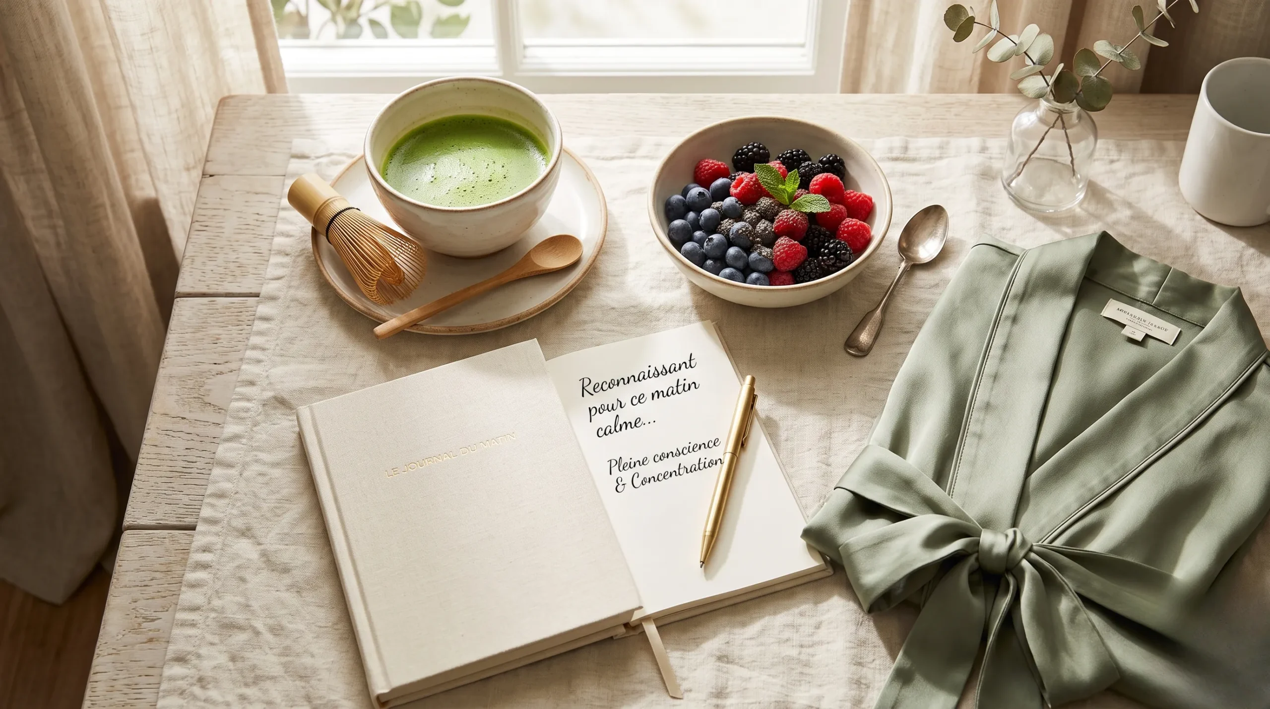 Un flatlay esthétique avec un thé matcha, des fruits frais et un journal pour une hygiène de vie radieuse. Hygiène de vie