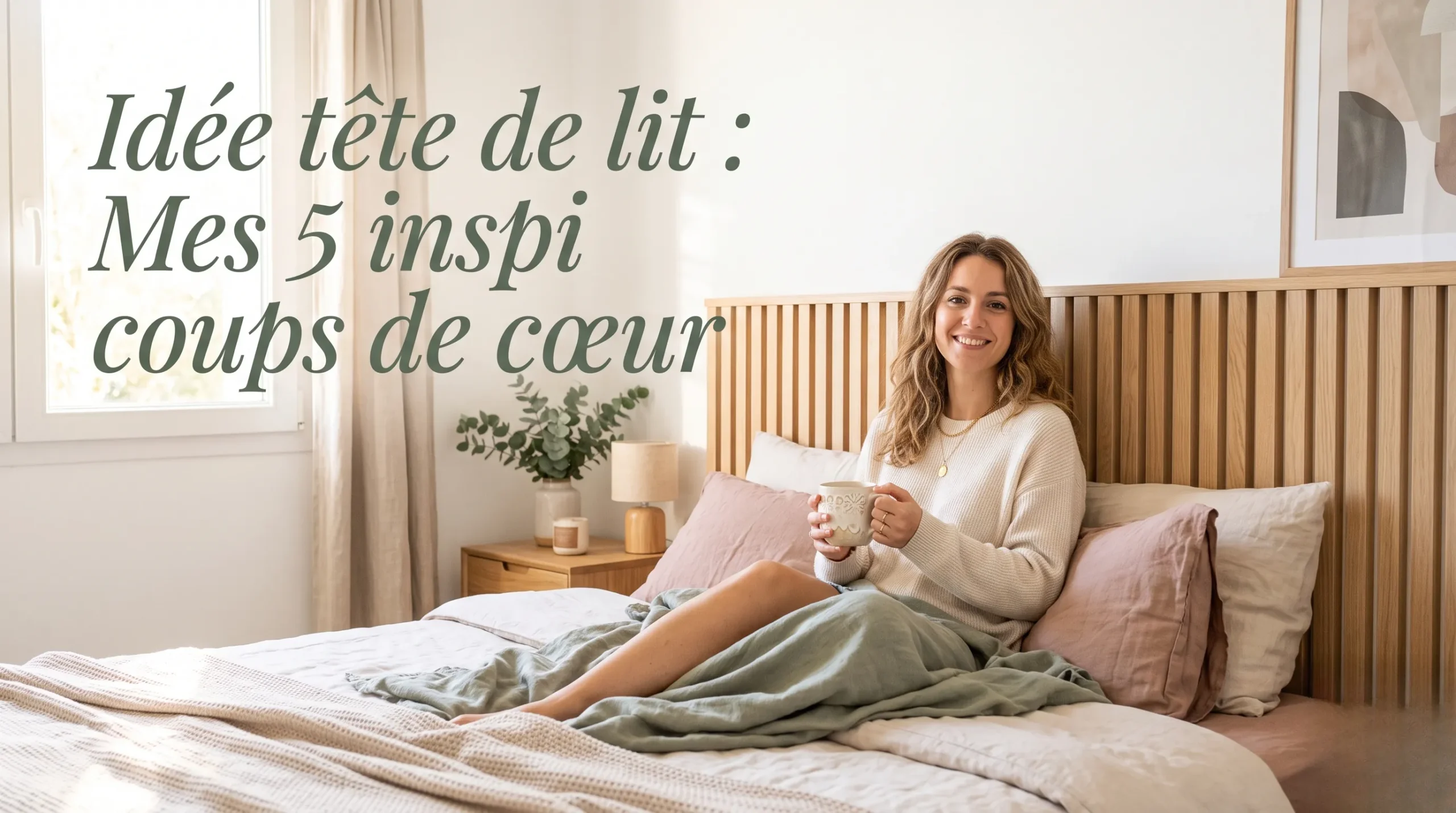 Photographie lifestyle lumineuse d'une femme souriante dans une chambre au style scandinave, avec une idée de tête de lit tendance.