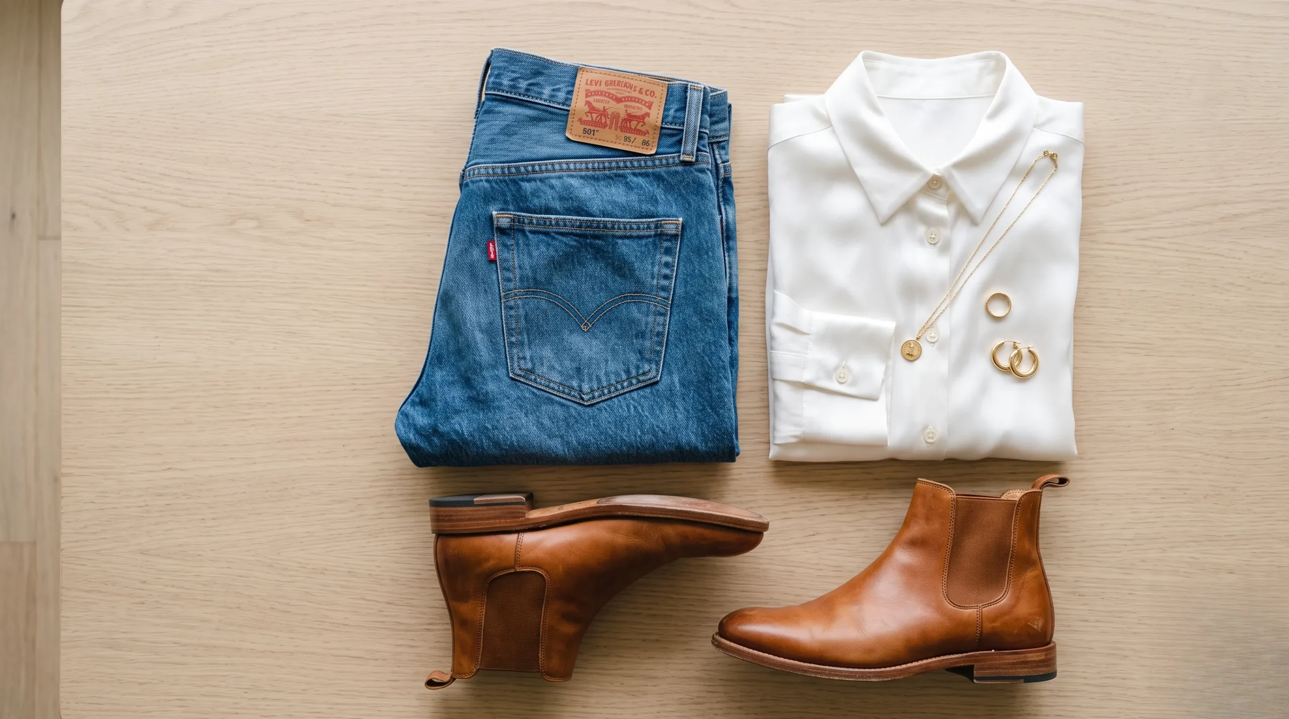 Jean Levi's 501 posé avec accessoires mode pour un look décontracté chic. Levi's 501 femme