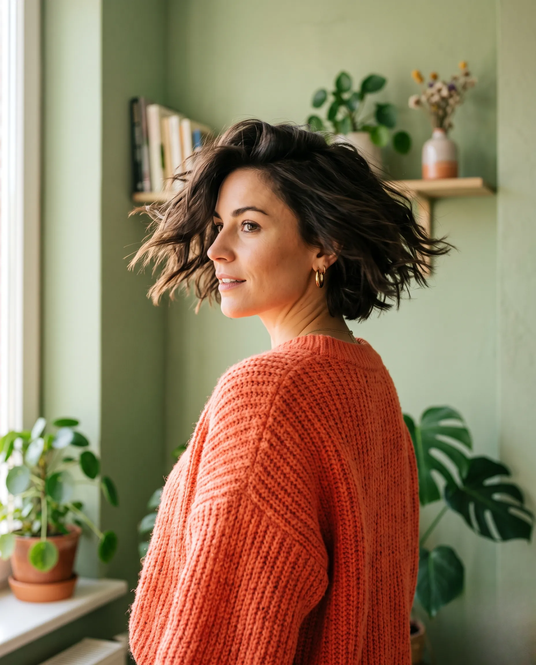 Mouvement dynamique d'une femme branchée avec une coupe boule et un pull orange corail.