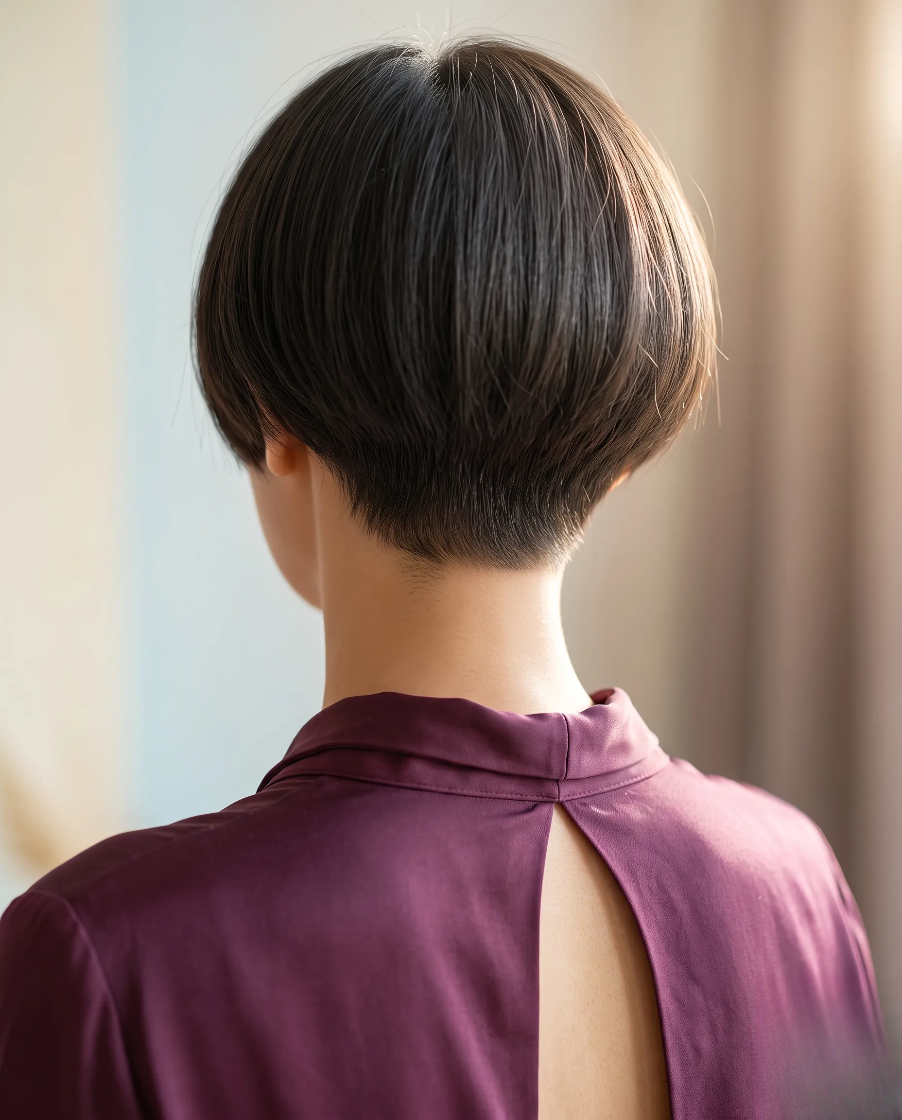 Vue de dos montrant la nuque soigneusement effilée d'une coupe boule féminine tendance.