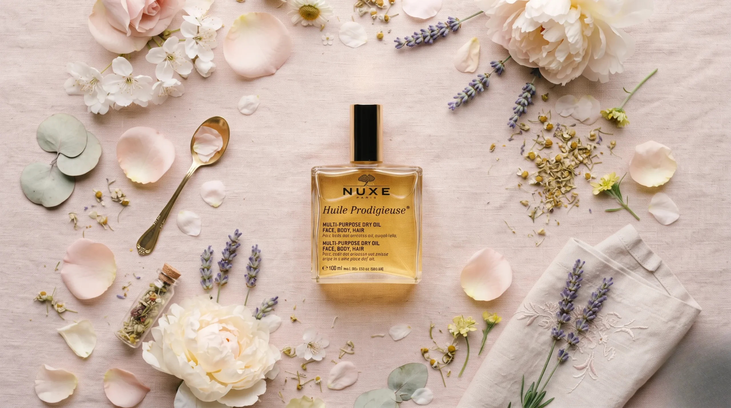 Huile prodigieuse Nuxe disposée de façon esthétique. Nuxe avis dermatologue