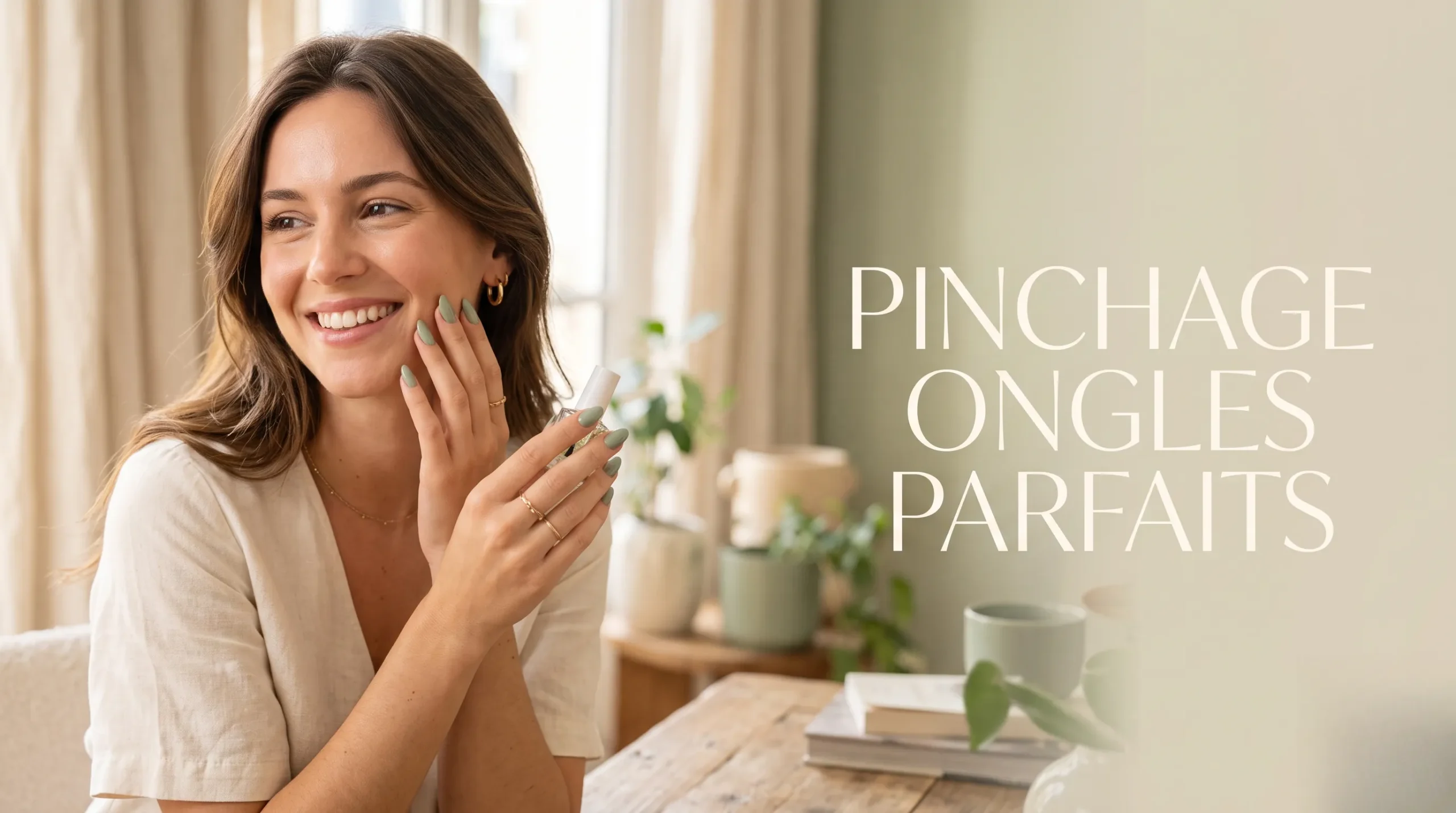 Une influenceuse mode et beauté montre ses ongles parfaits avec un espace vide pour le titre de l'article
