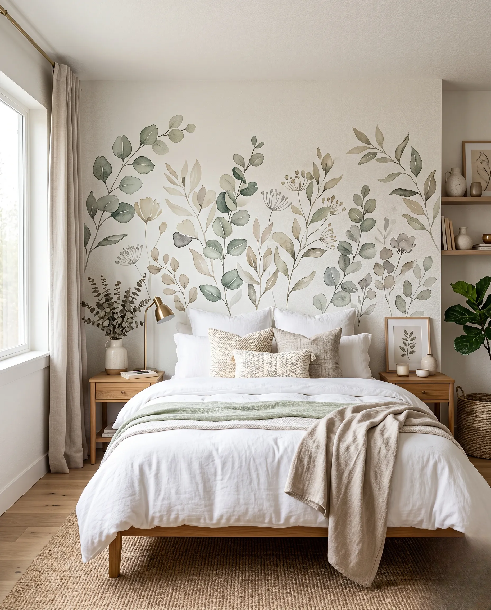 Idée originale de tête de lit avec une fresque murale botanique peinte à la main.
