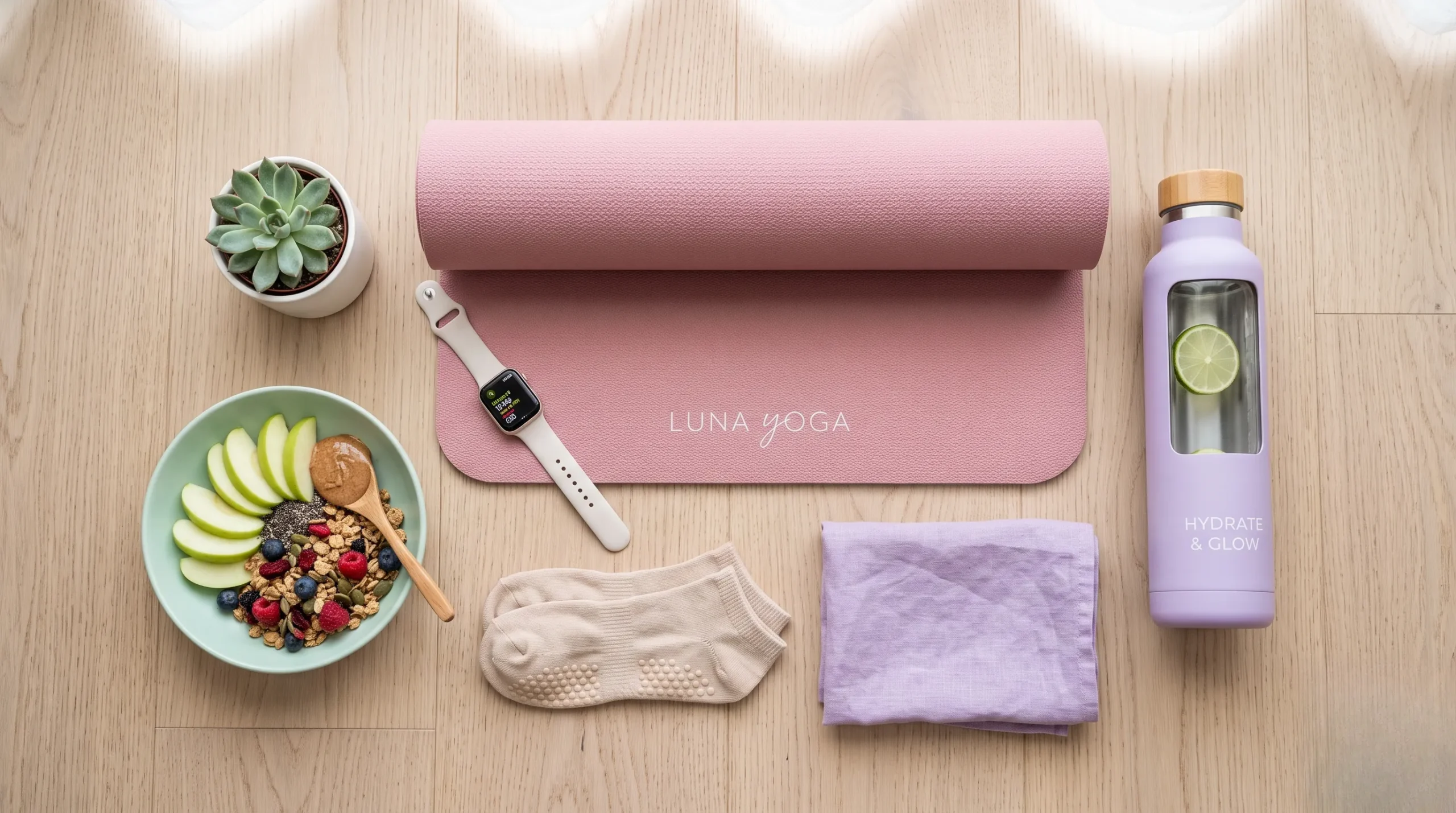Accessoires de sport disposés sur un tapis de yoga pour illustrer des astuces pour perdre des cuisses. Perdre des cuisses en 1 semaine