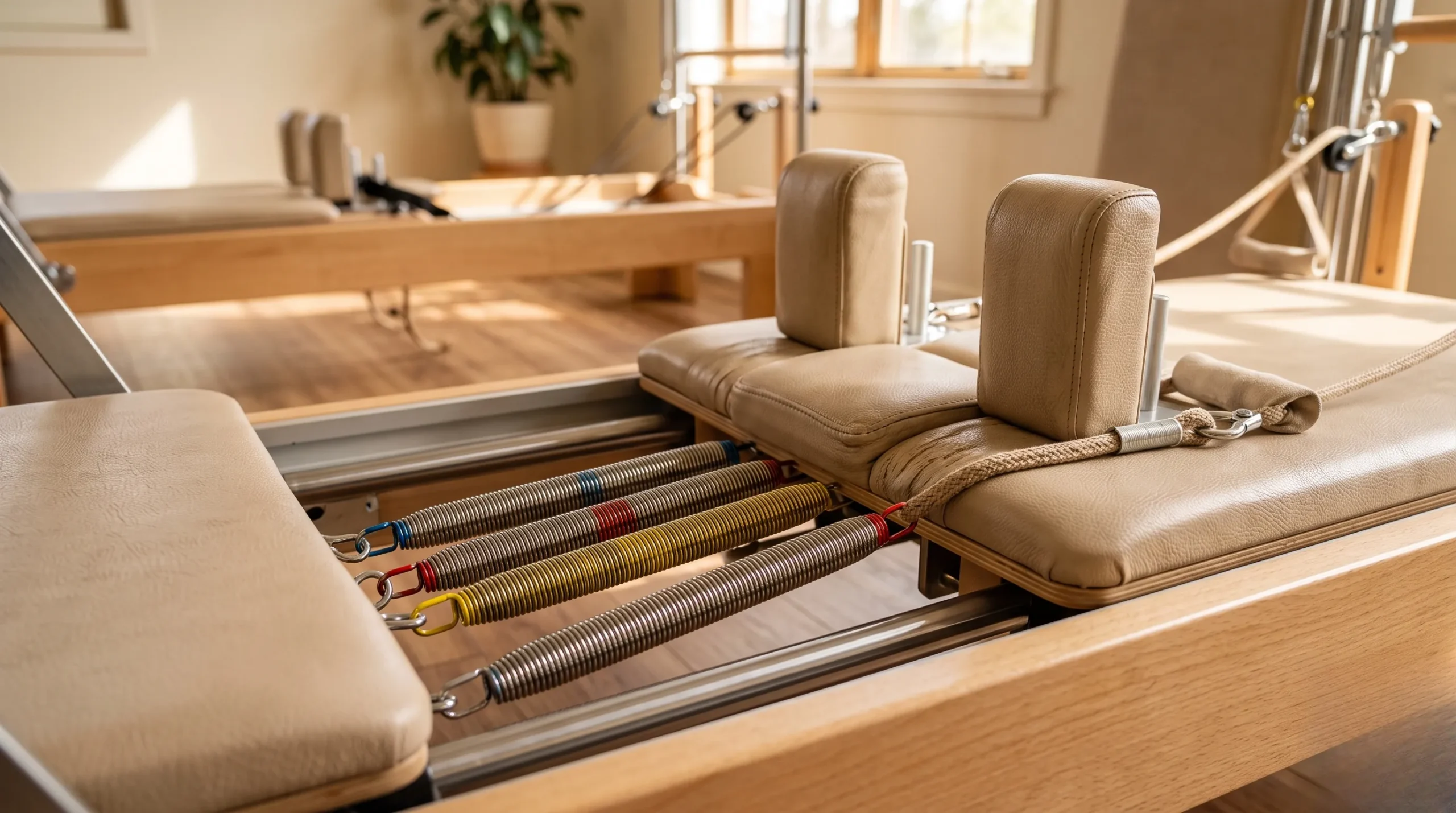 Détails esthétiques d'une machine de Pilates Reformer dans un studio lumineux. Pilate reformer