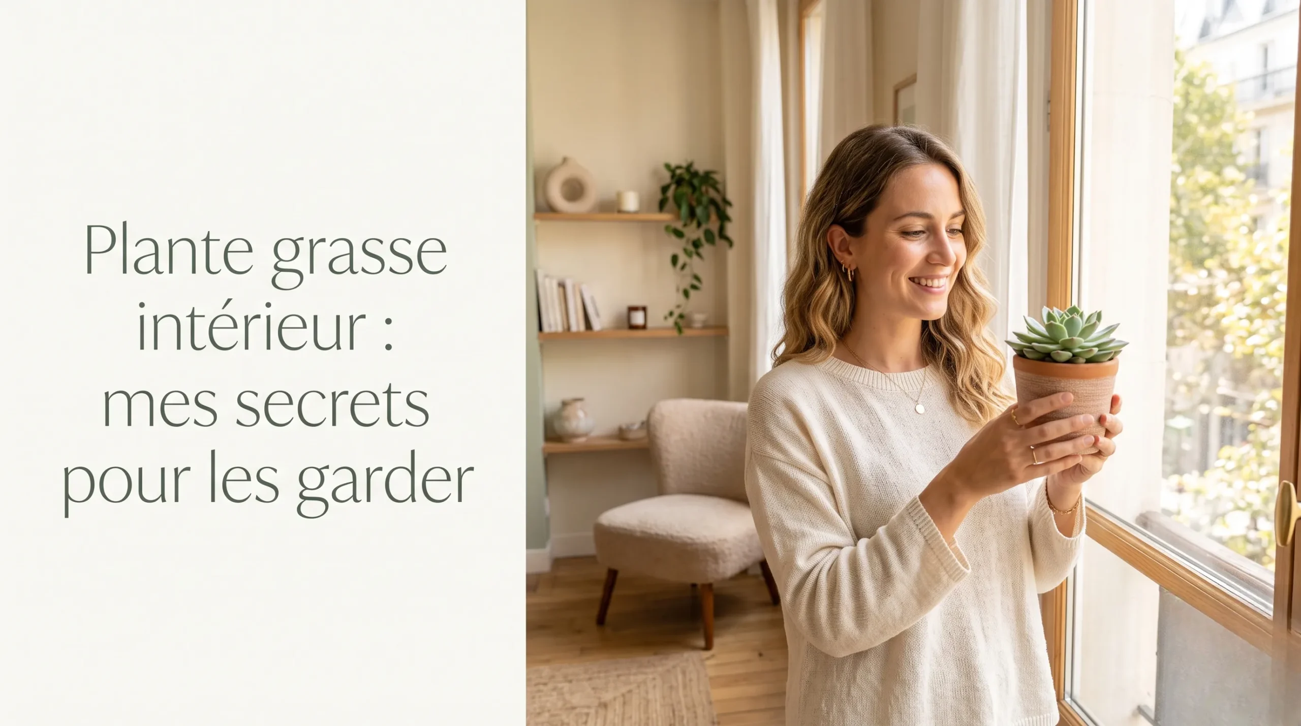 Une influenceuse mode et bien-être souriante tenant une plante grasse dans un intérieur lumineux et chic aux tons crème et vert sauge.