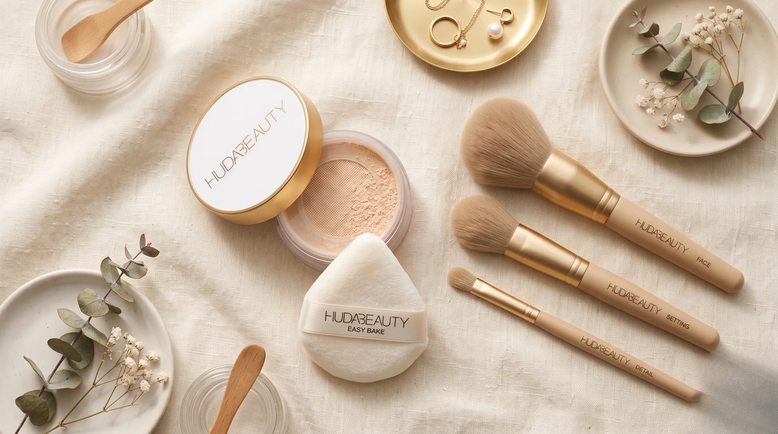 Poudre libre Huda Beauty disposée avec soin pour une photo beauté. Poudre huda beauty