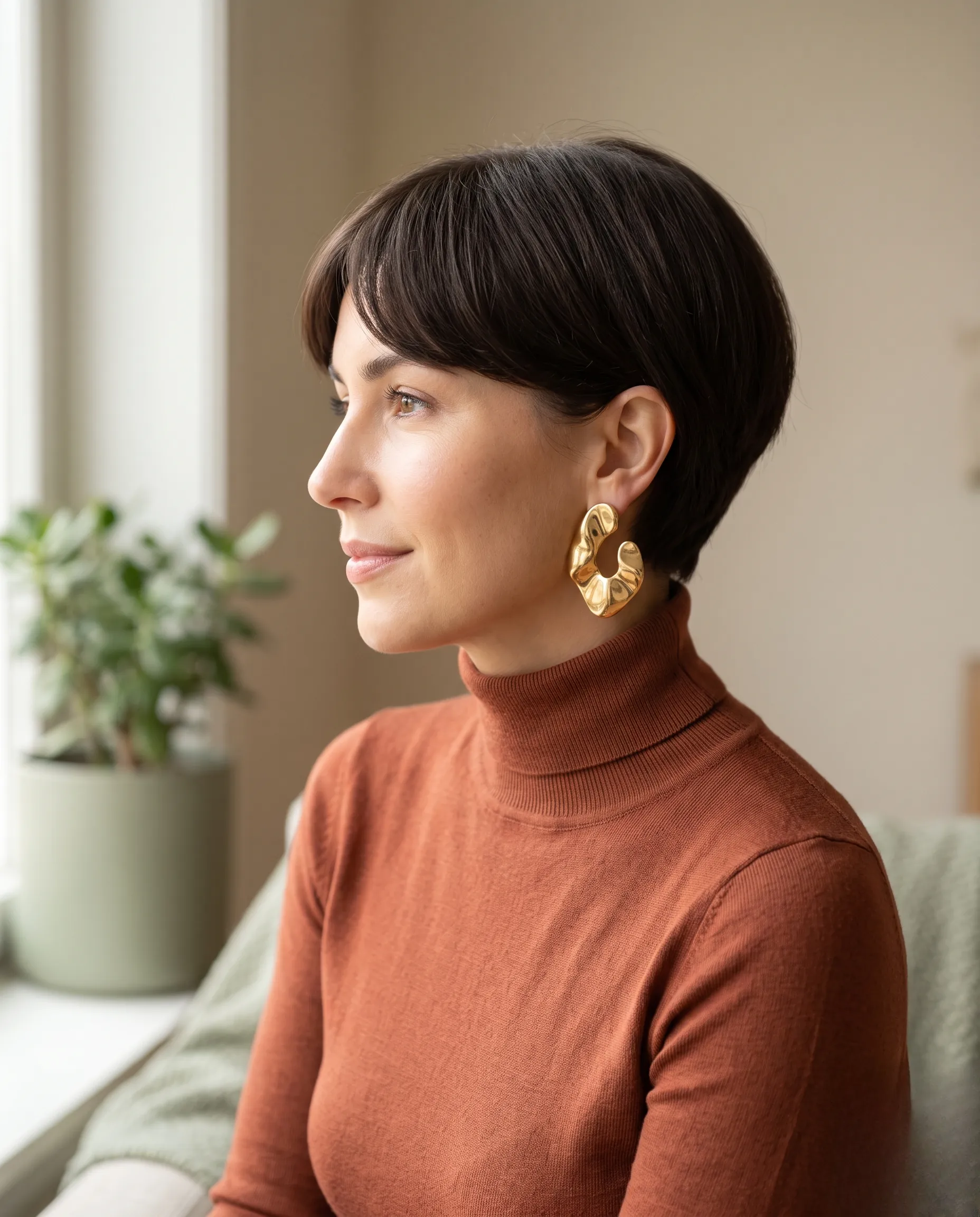 Profil d'une femme portant une coupe boule moderne et des boucles d'oreilles dorées sculpturales.