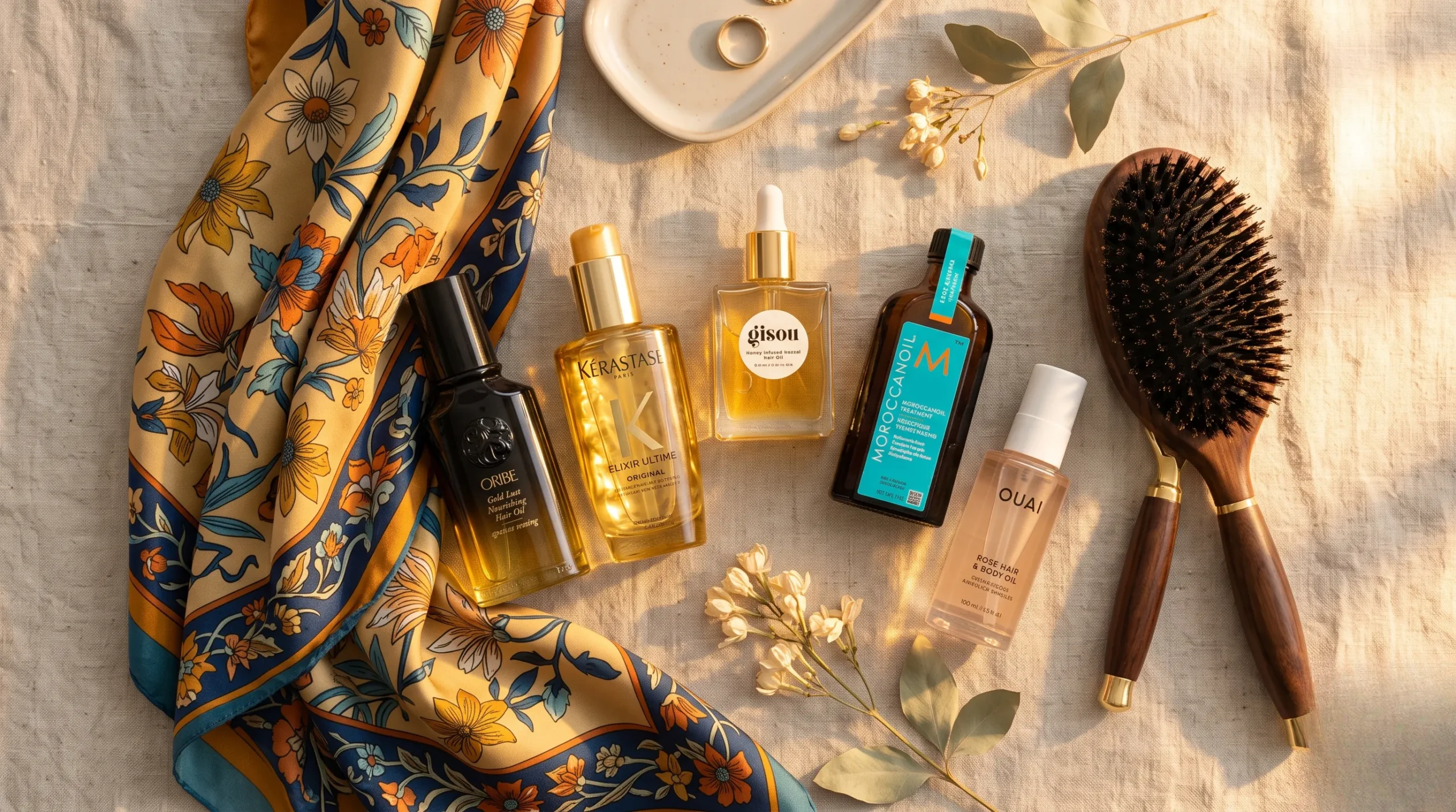 Sérums de brillance et accessoires pour cheveux, style professionnel. Reflet cheveux