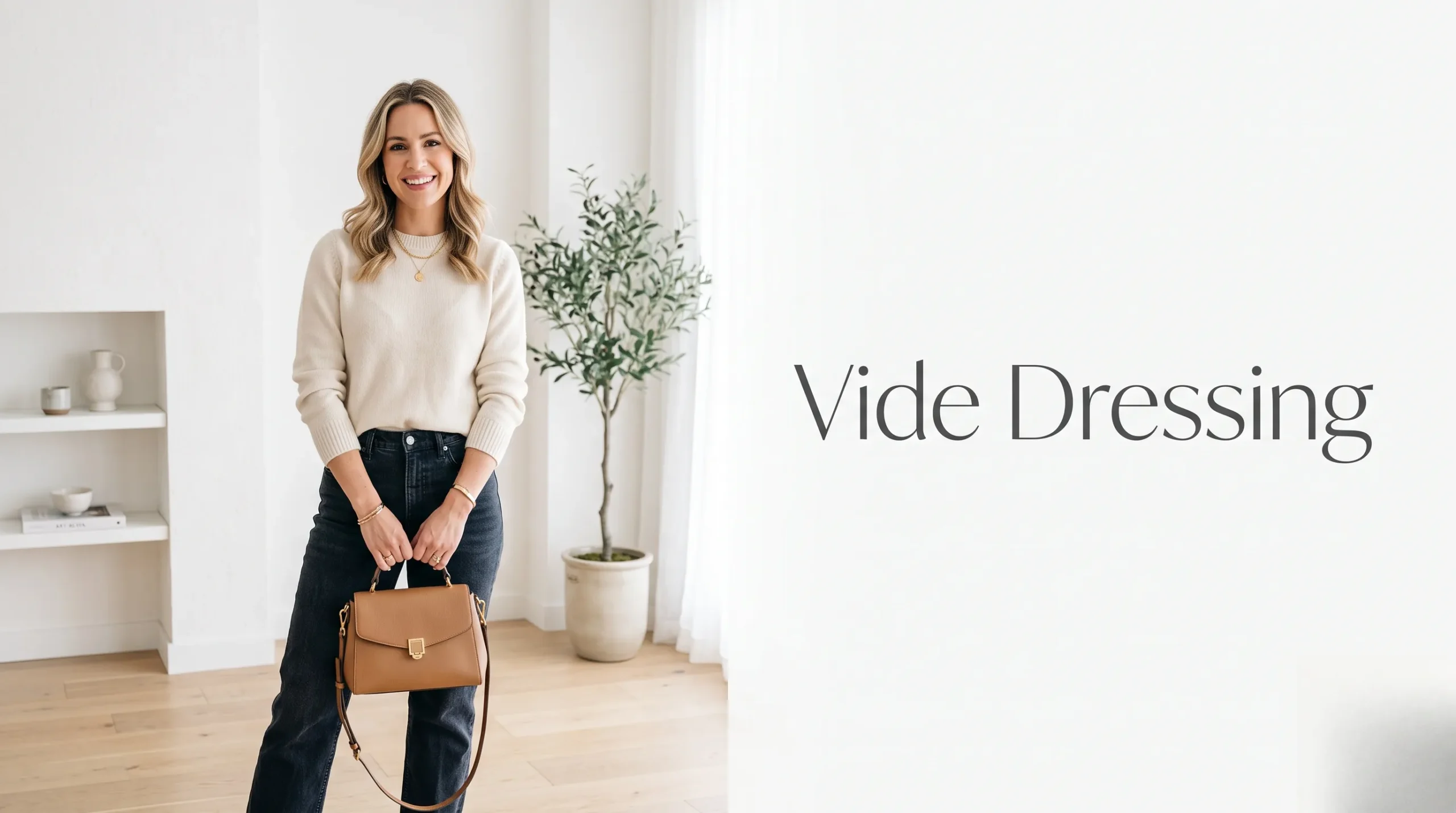 Une femme tenant un sac élégant, prête pour un vide dressing organisé.