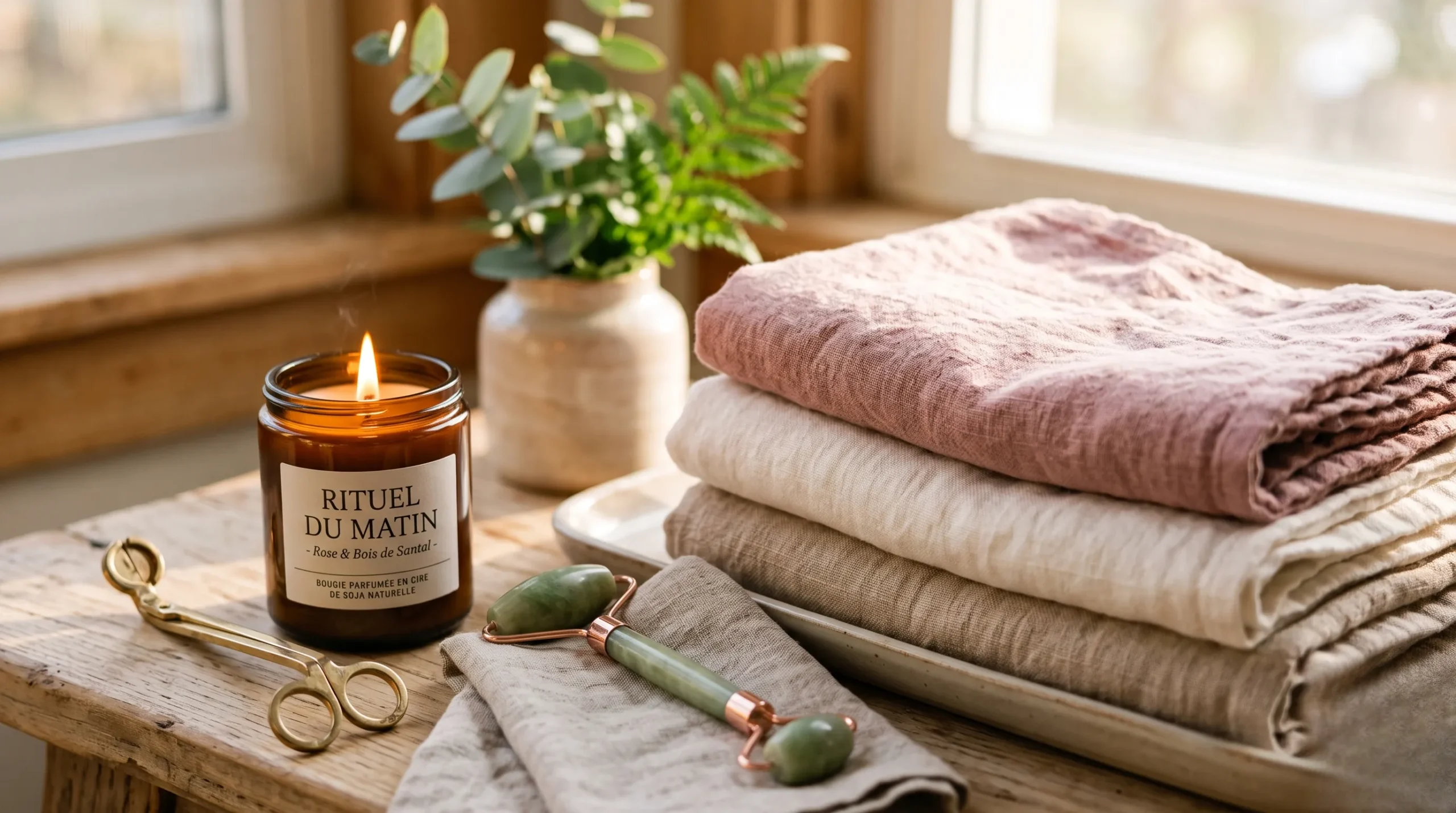 Éléments de bien-être comme un jade roller et une bougie pour une routine relaxante. Routine bien-être