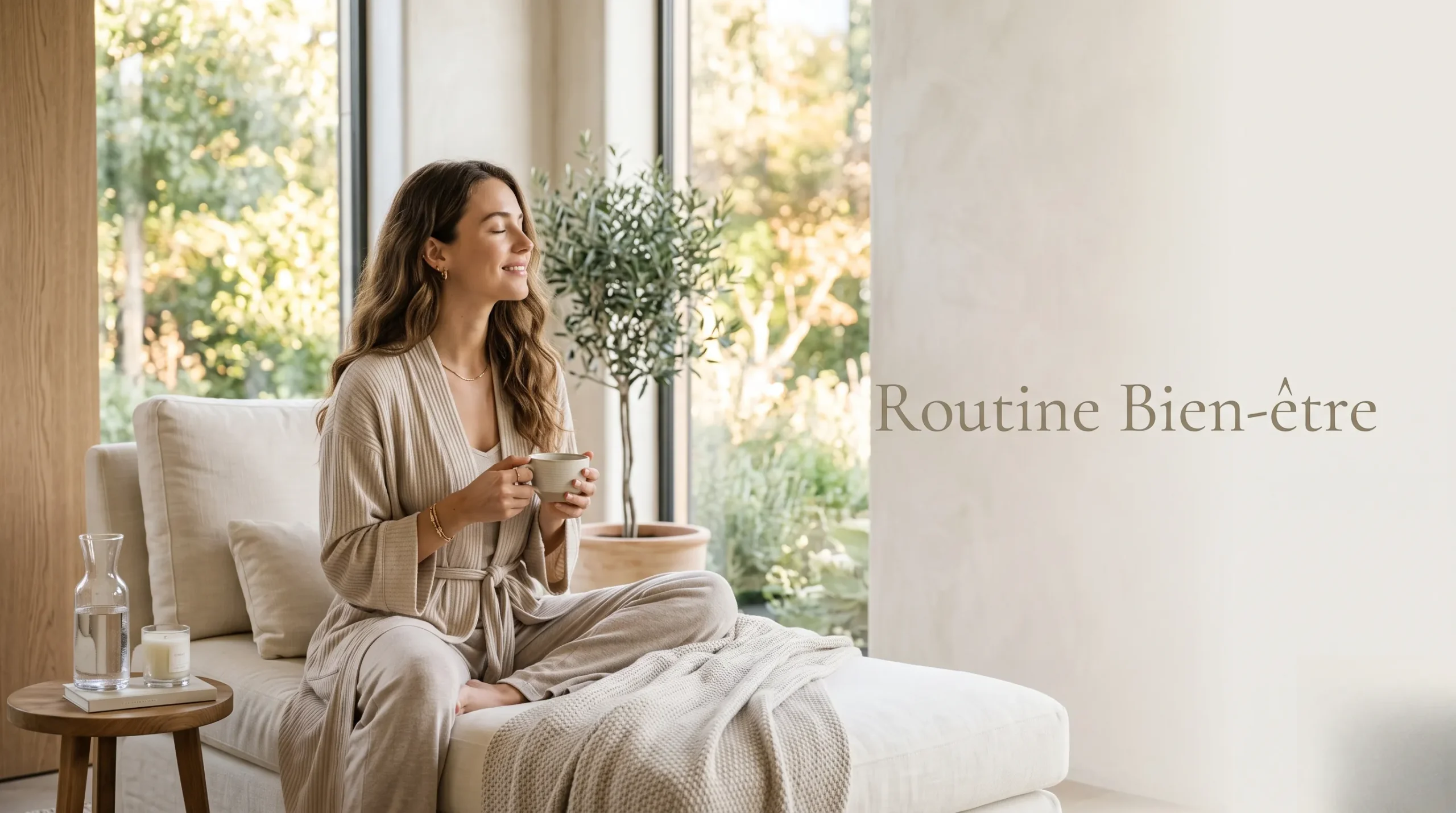 Une femme apaisée dans un cadre bien-être pour illustrer une routine de relaxation.