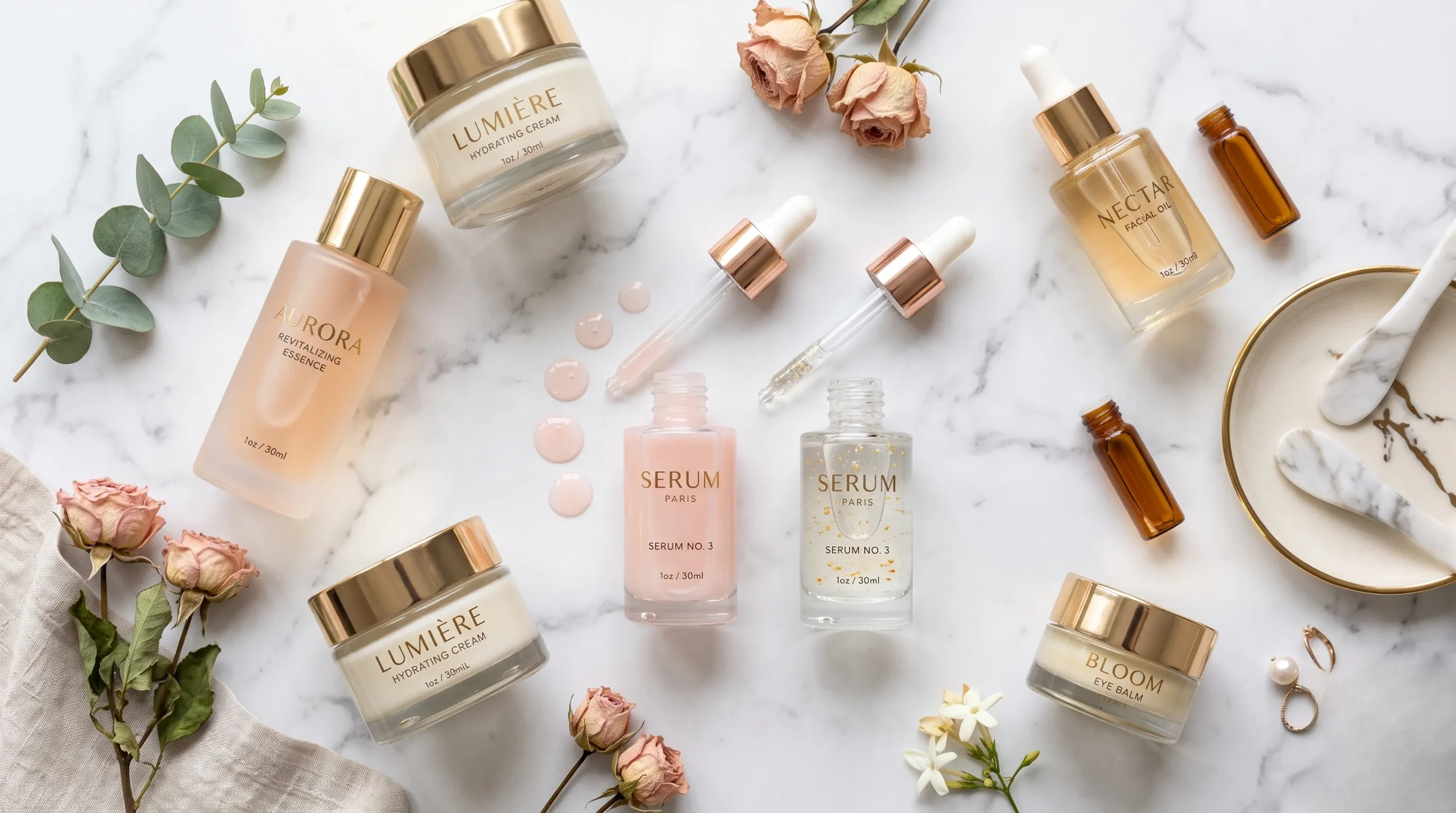 Produits de soins pour le visage haut de gamme disposés sur un marbre blanc pour une peau éclatante. Routine skincare visage