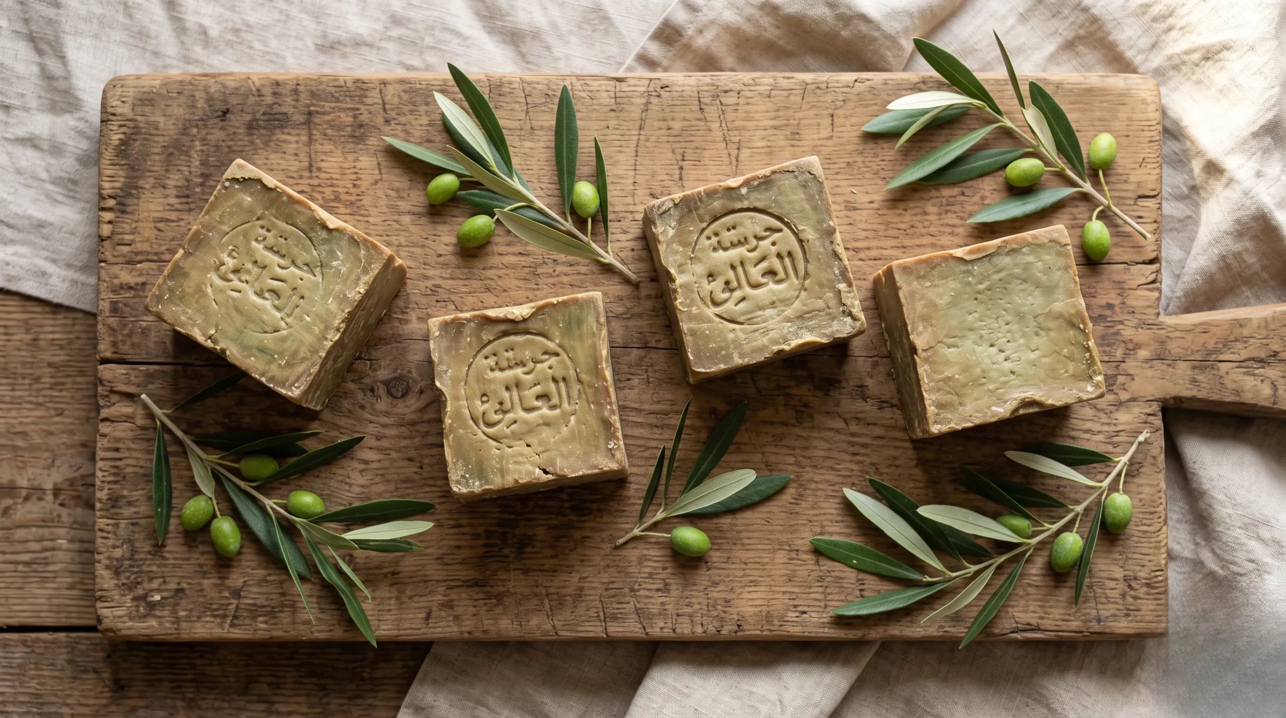 Savon d'Alep authentique avec des branches d'olivier, style naturel et minimaliste. Savon d'alep avis dermatologue