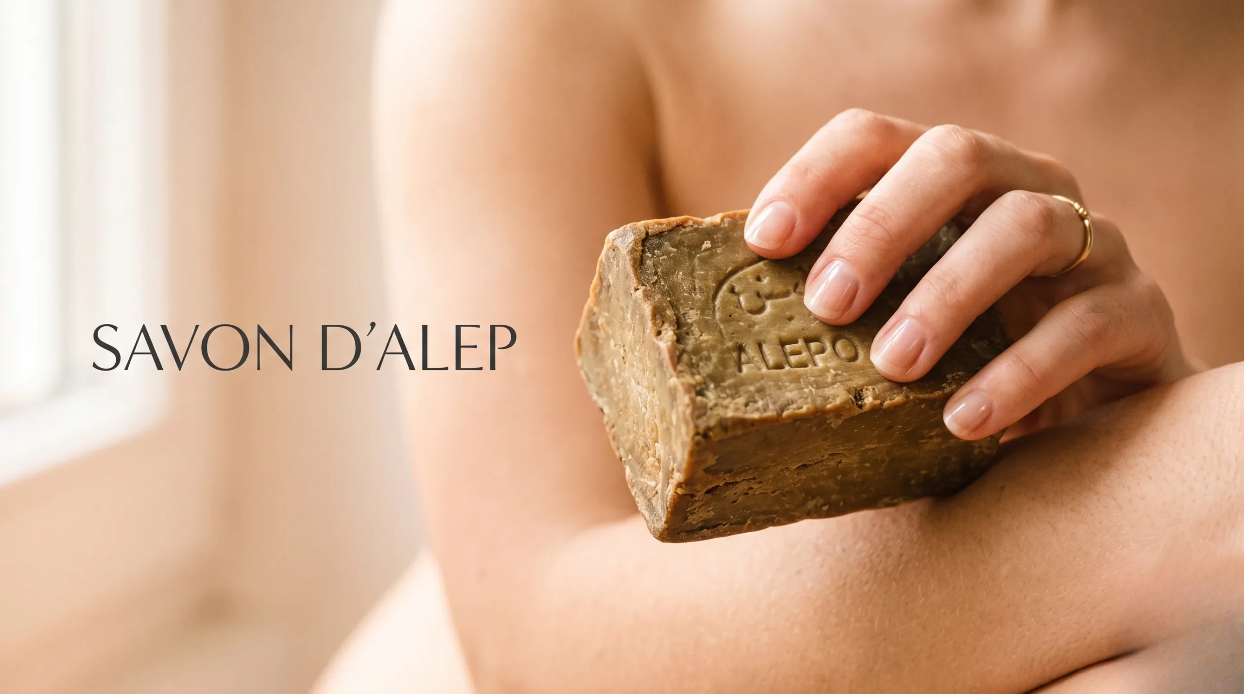 Gros plan sur un savon d'Alep, illustrant les bienfaits pour la peau.