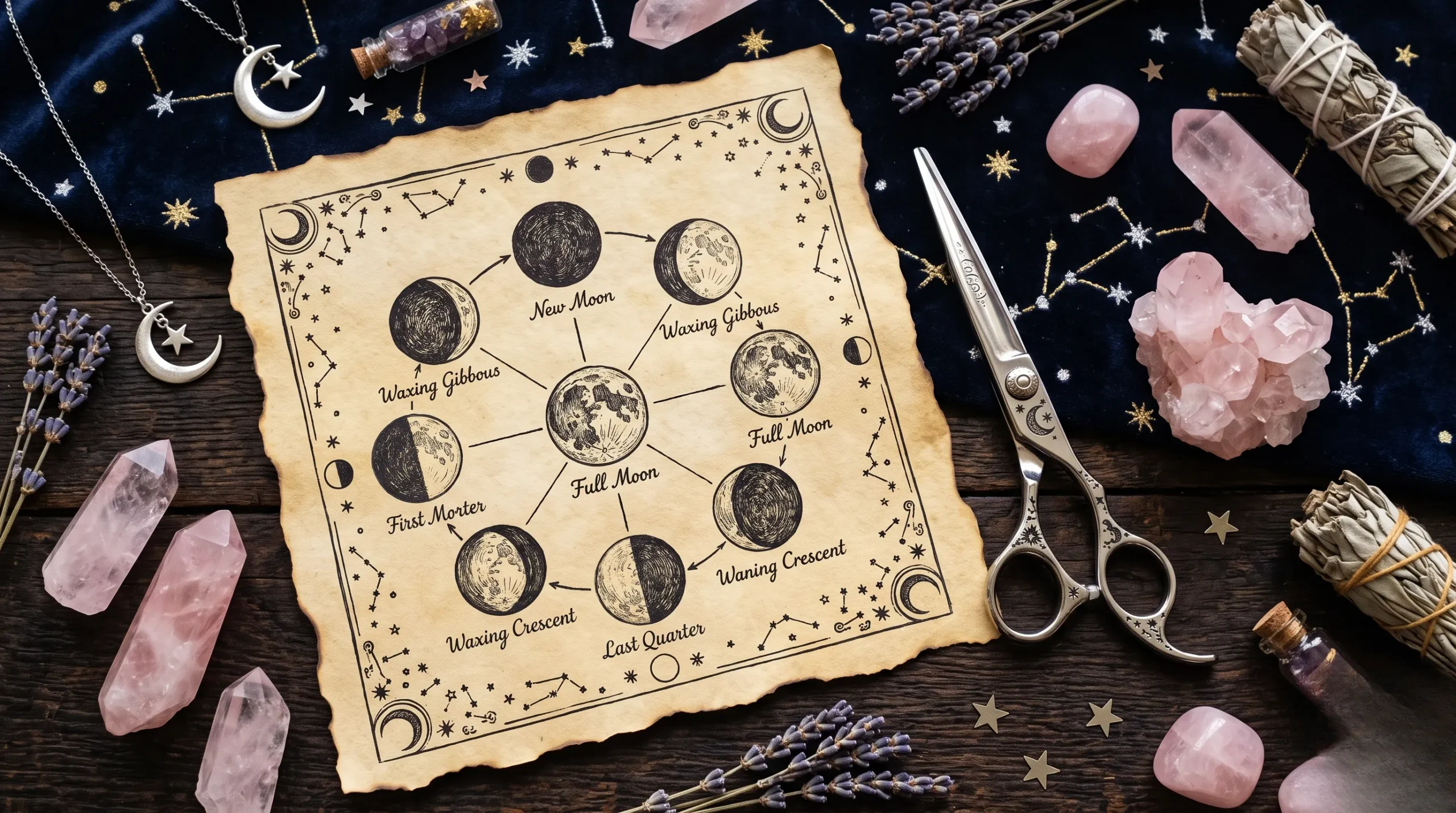 Ciseaux de coiffure et calendrier lunaire, ambiance ésotérique et magique. Se couper les cheveux avec la lune 2026