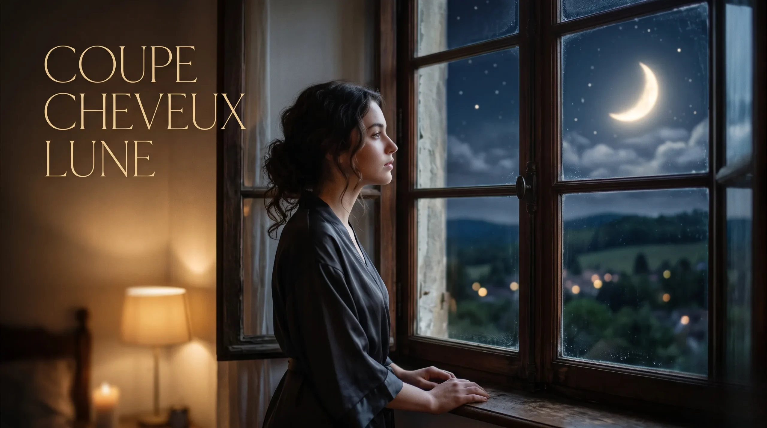 Femme rêveuse observant la lune, concept de coupe de cheveux selon le calendrier lunaire.