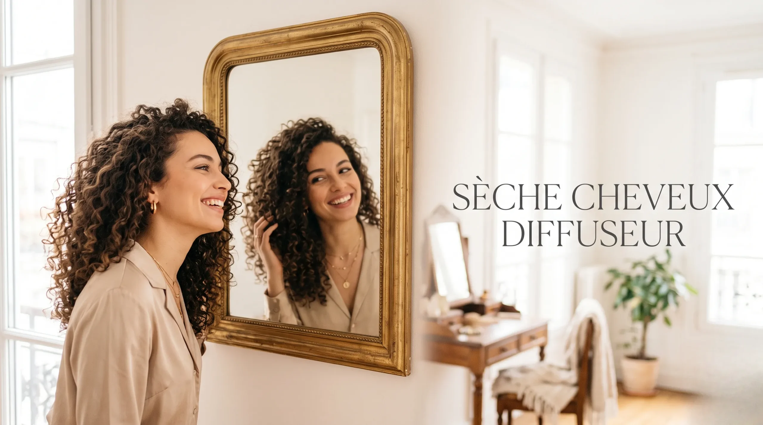 Femme souriante avec de superbes boucles volumineuses utilisant un sèche-cheveux avec diffuseur, style blogueuse mode.