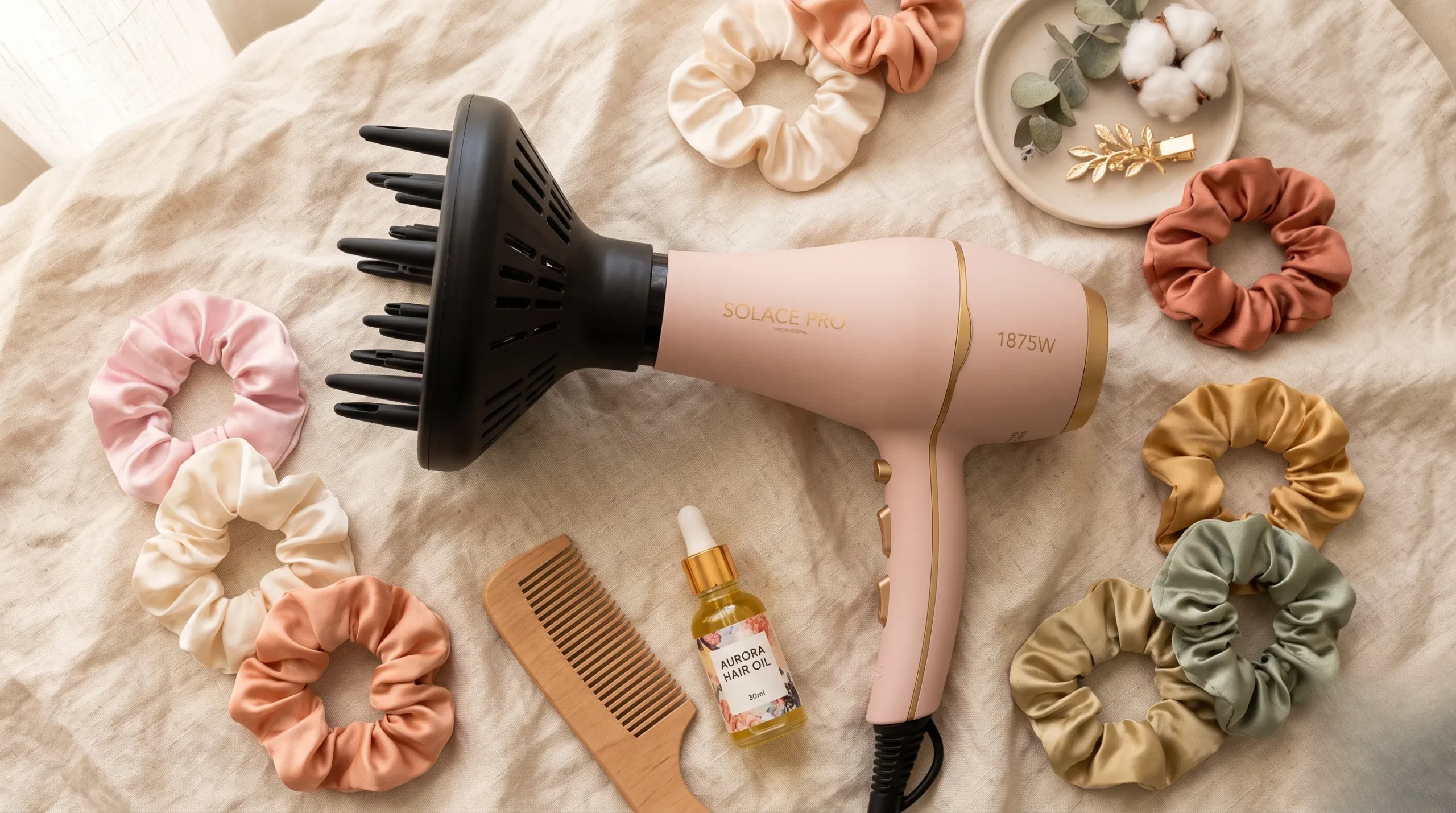 Photo flatlay esthétique d'un sèche-cheveux professionnel avec diffuseur pour cheveux bouclés sur un fond en lin crème. Seche cheveux diffuseur pour boucles