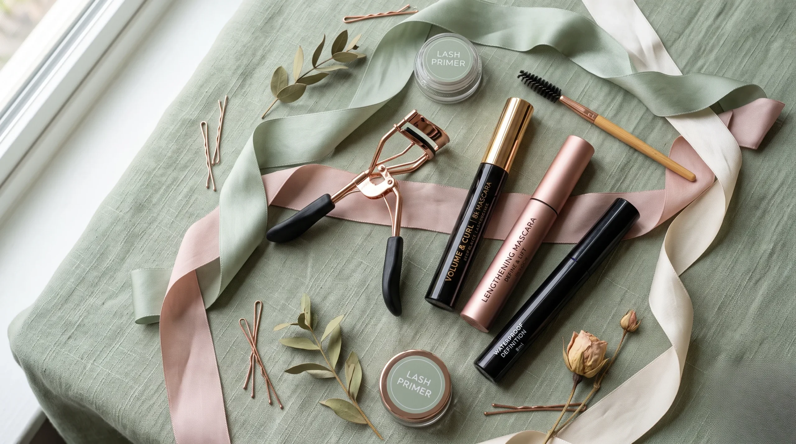 Mascara Sephora et recourbe-cils sur un fond vert sauge élégant. Sephora wimperntusche