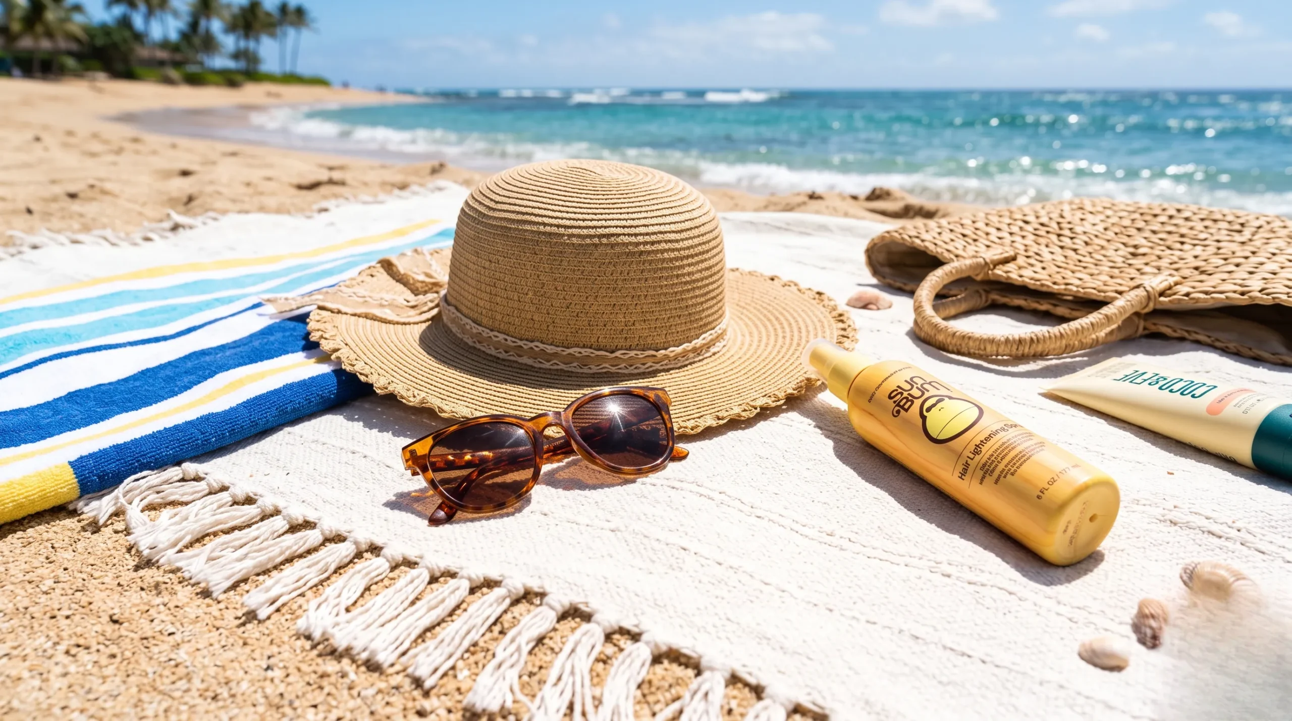 Spray éclaircissant pour cheveux avec accessoires de plage. Spray eclaircissant cheveux
