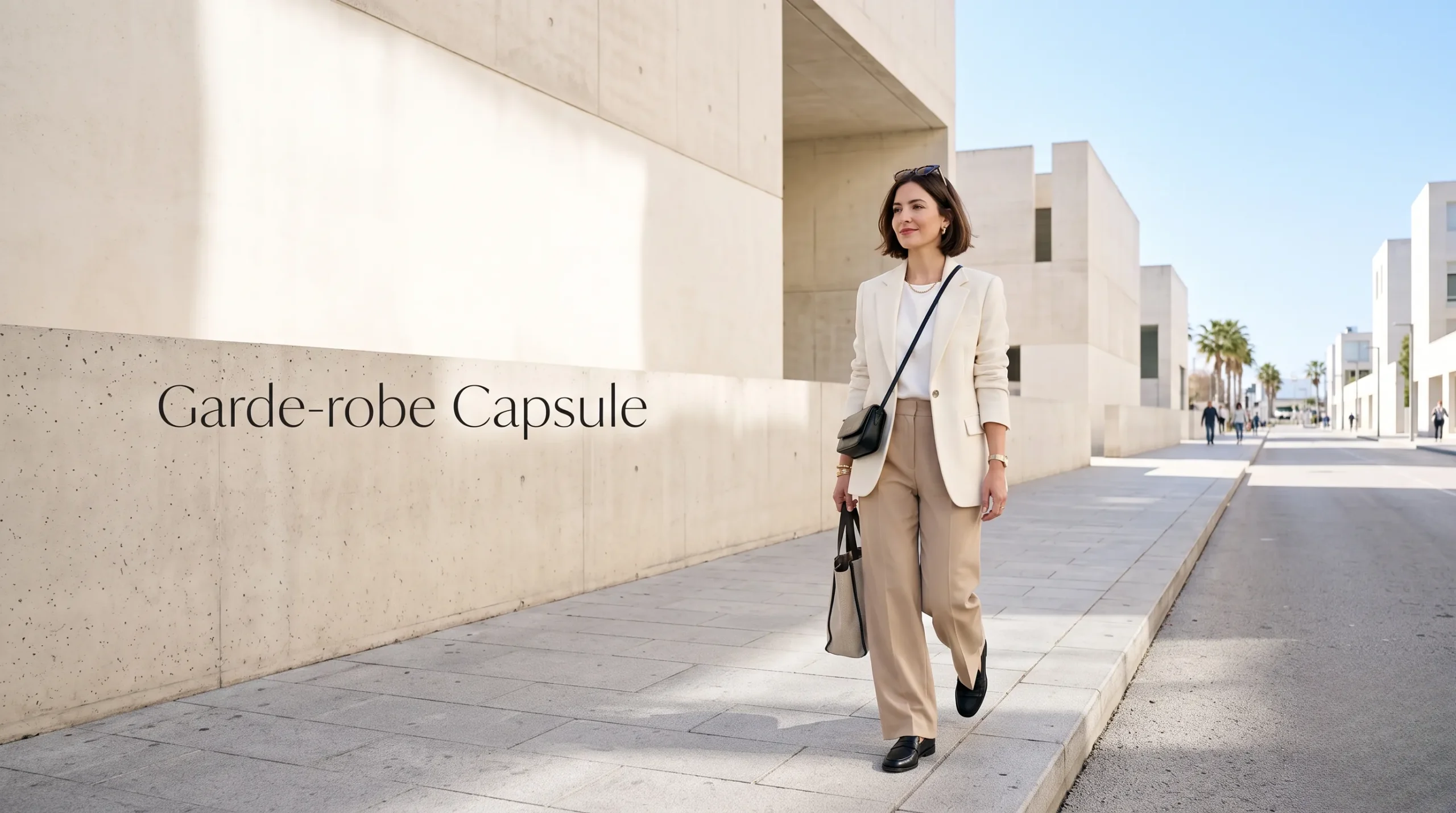 Une femme élégante portant une tenue minimaliste, parfaite pour une garde-robe capsule.