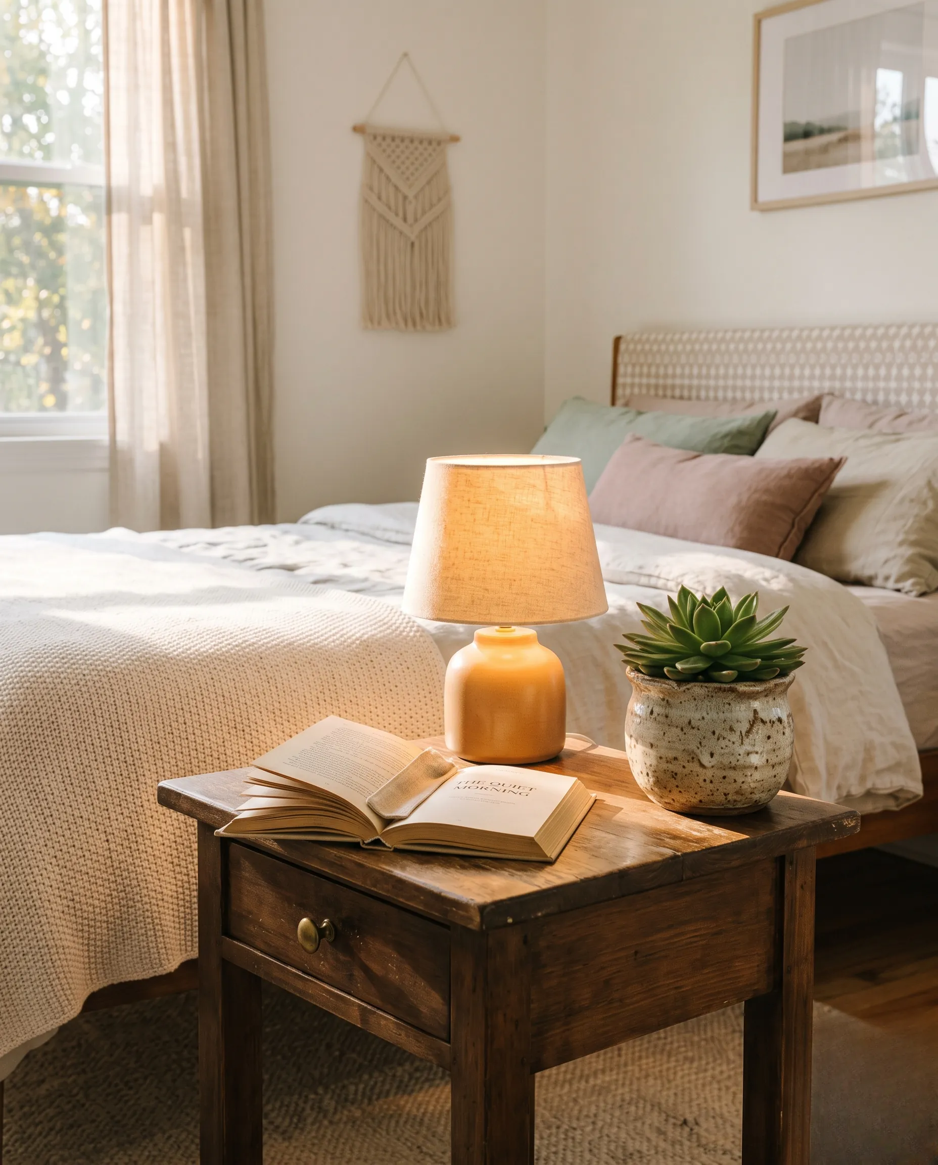 Ambiance cosy dans une chambre avec une table de chevet élégante décorée d'une petite plante grasse.