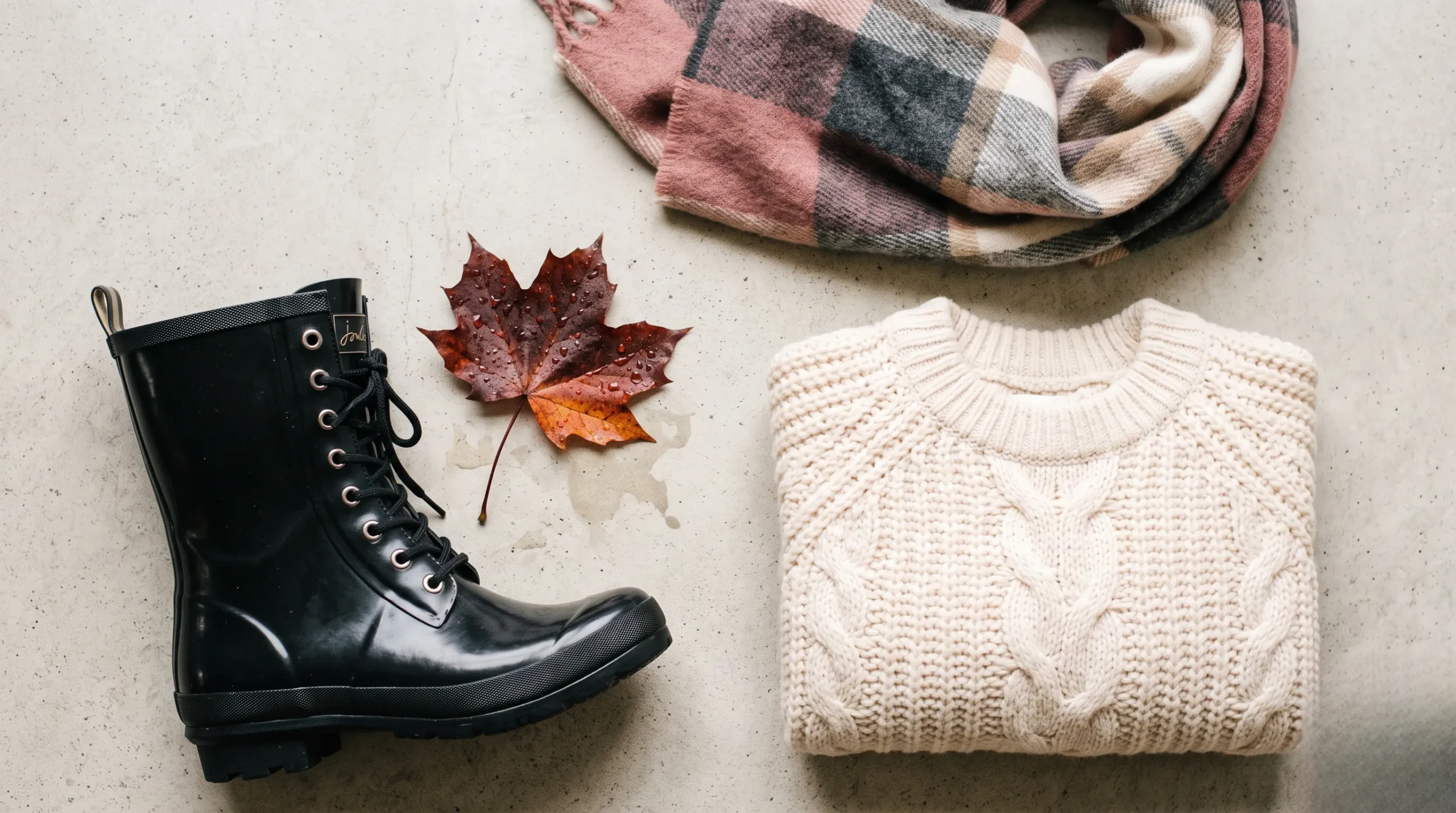 botte de pluie gemo : Mise en scène mode avec des bottes de pluie, un pull en maille et une écharpe aux tons pastel