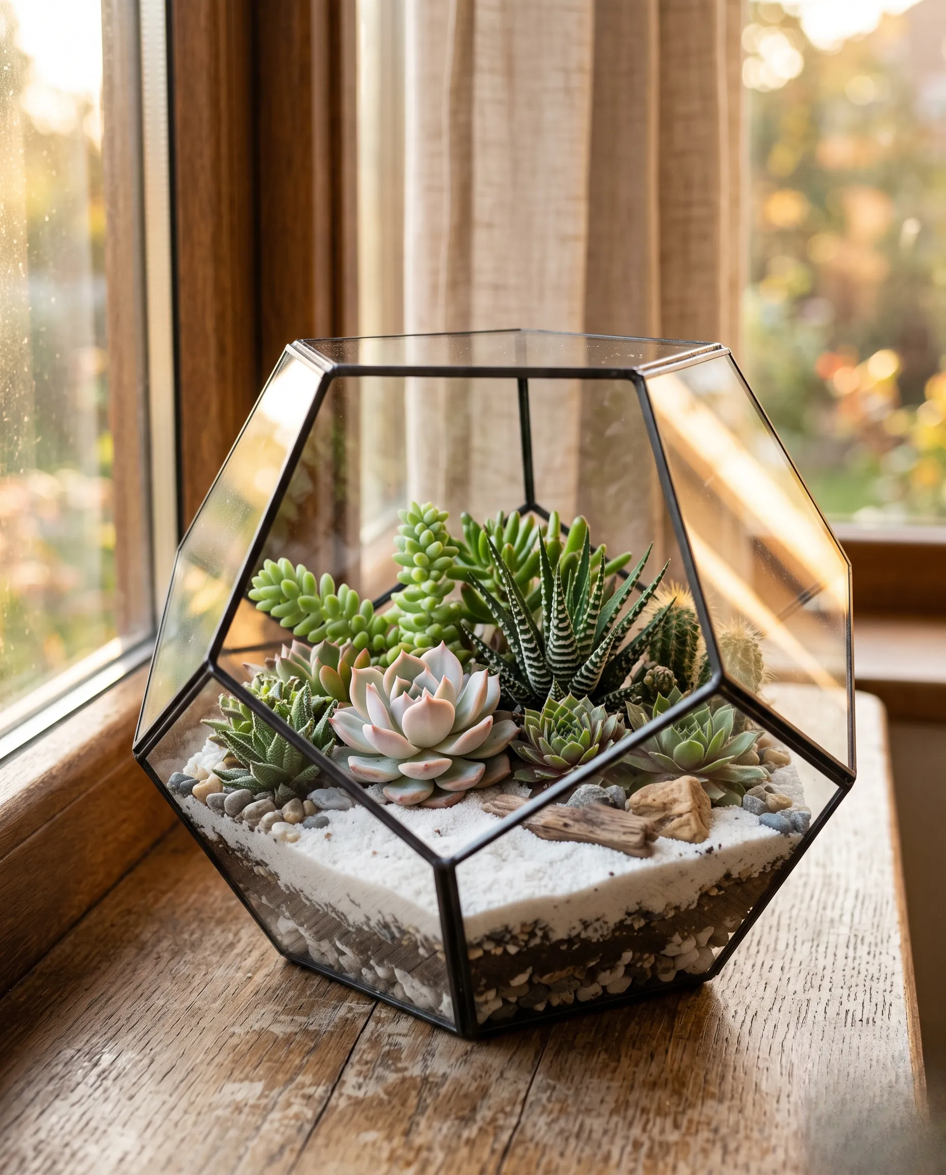 Terrarium géométrique en verre rempli de miniatures de plantes grasses baigné dans la lumière dorée.