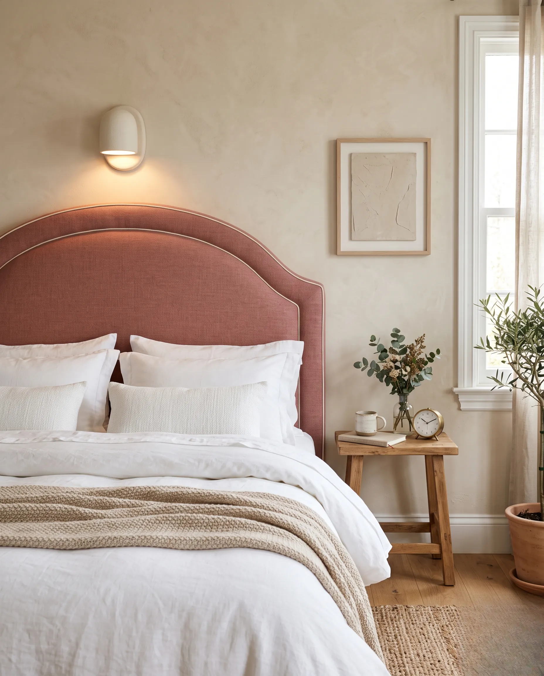 Chambre lumineuse mettant en valeur une tête de lit capitonnée en tissu vieux rose élégant.