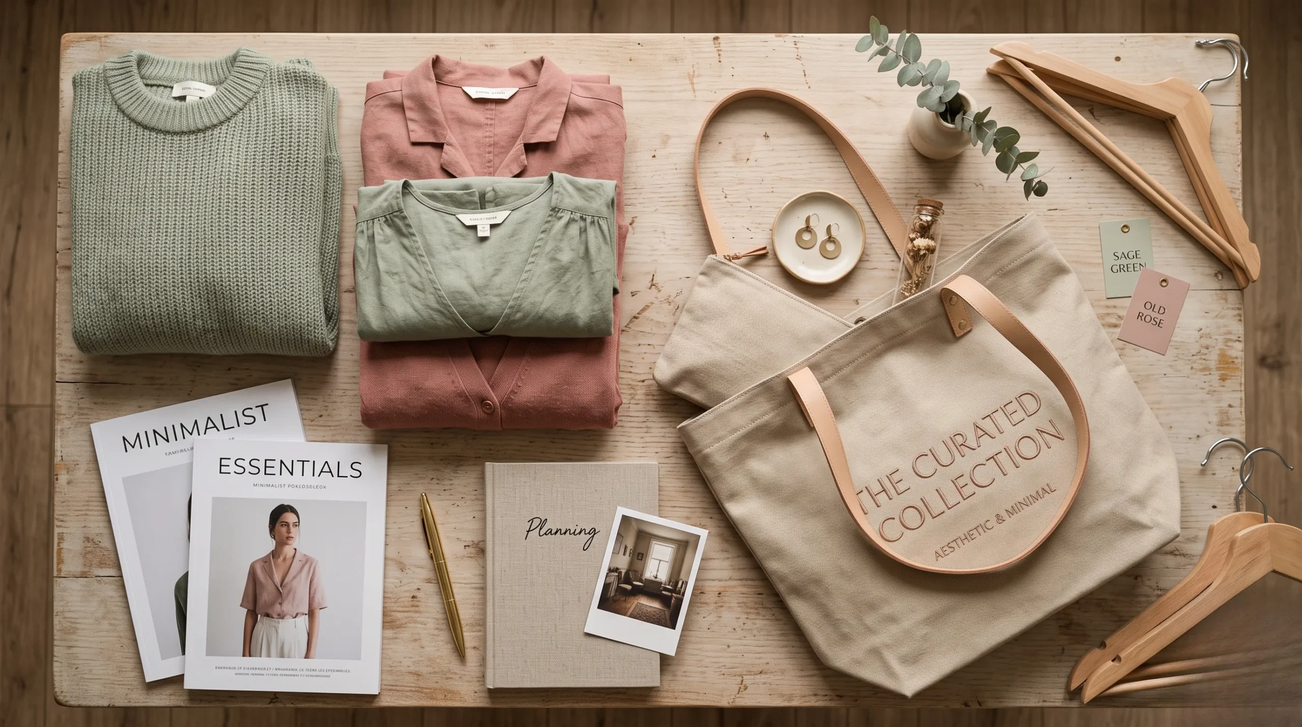 Mise en scène flatlay pour trier son dressing avec des vêtements aux tons poudrés. Trier son dressing.