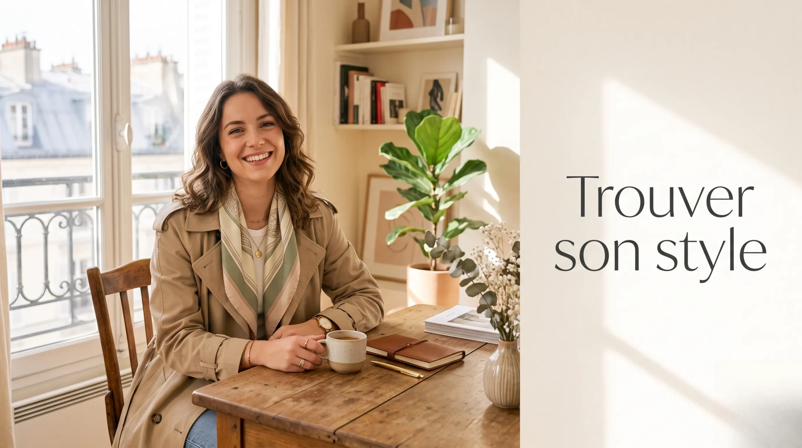 Une jeune femme souriante et stylée dans un appartement lumineux avec un espace vide pour le titre de l'article sur le style vestimentaire