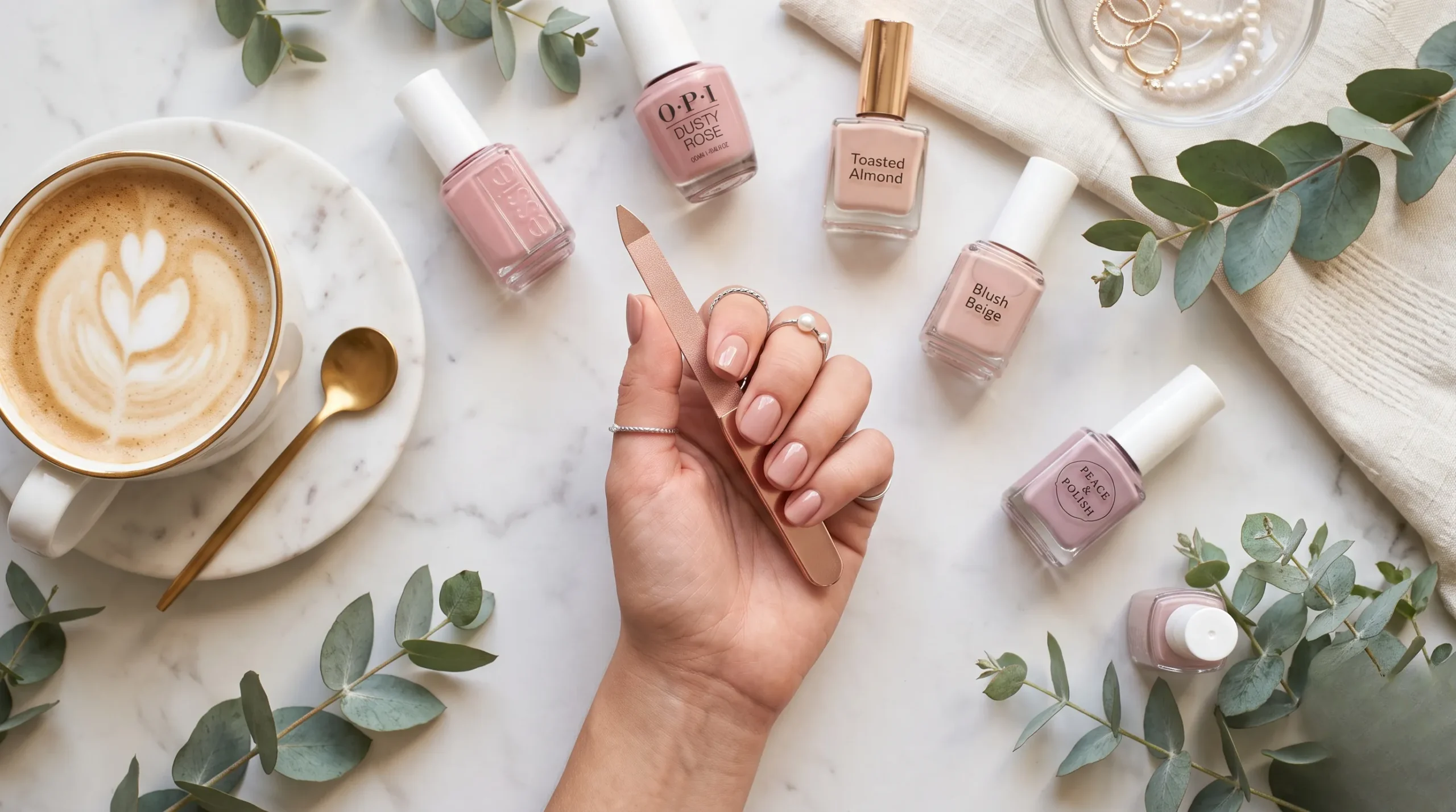 pinchage : Photographie flatlay de produits de manucure et de vernis à ongles pastel sur fond de marbre blanc